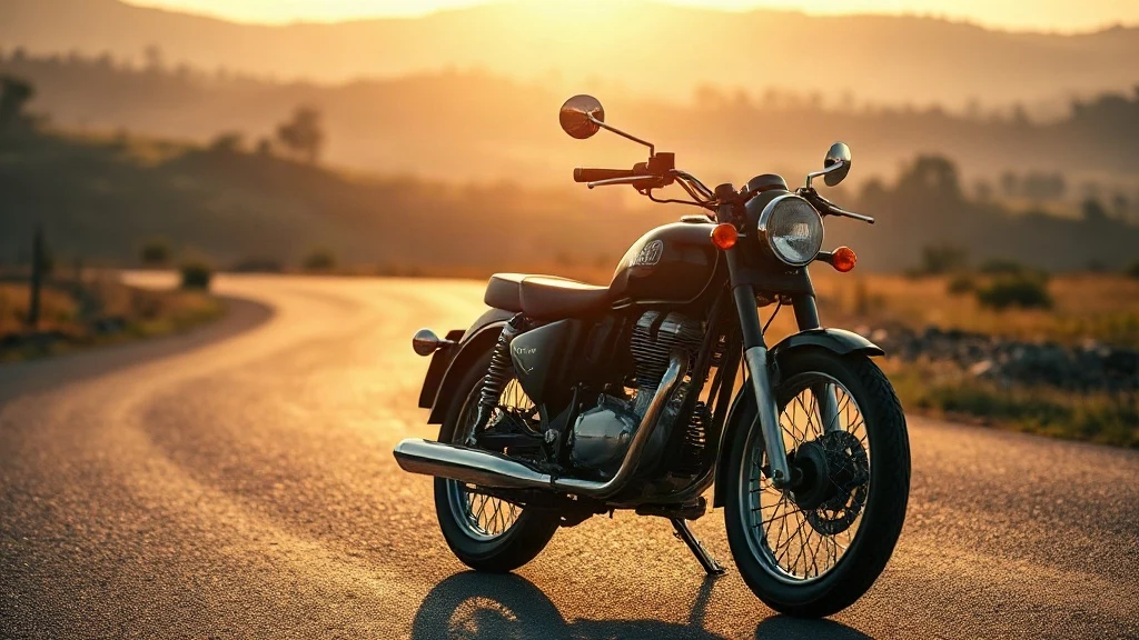 Royal Enfield Bullet Electra motorcycle on a scenic road at sunset